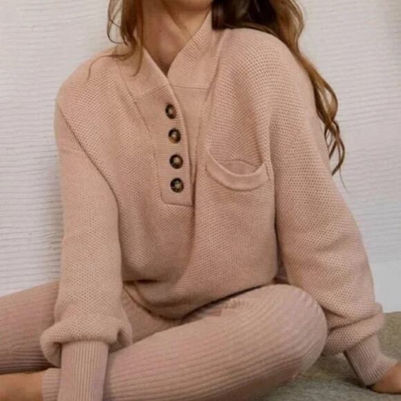 Lunya Tan Cozy Cotton Silk Pocket Henley Pullover Sweater - Picture 1 of 12